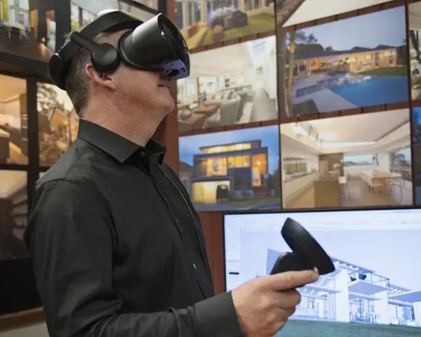 Businessman wearing VR headset