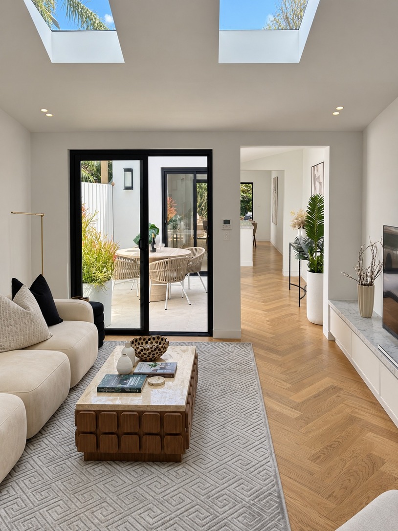Living area with herringbone floor opening to the courtyard through glass doors in a Paddington terrace
